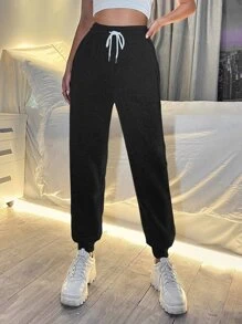 SHEIN PETITE Slant Pocket Drawstring Joggers - Black - View 4