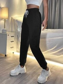 SHEIN PETITE Slant Pocket Drawstring Joggers - Black - View 5