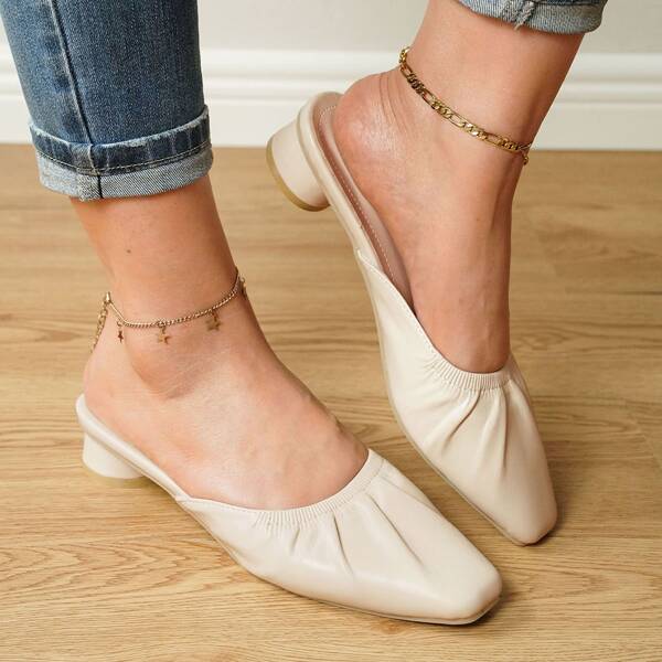 

Solid Ruched Design Chunky Mules, Beige