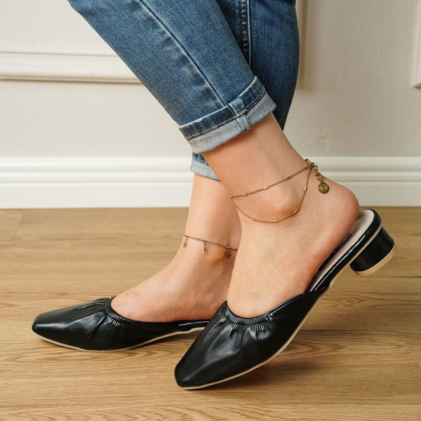 

Solid Ruched Design Chunky Mules, Black