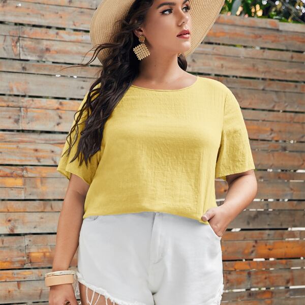 

Plus Solid Round Neck Top, Yellow