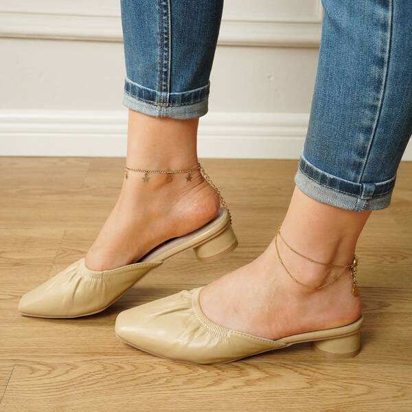

Solid Ruched Design Chunky Mules, Mustard yellow