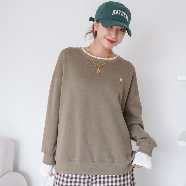 

Floral Embroidery 2 In 1 Oversized Sweatshirt, Khaki