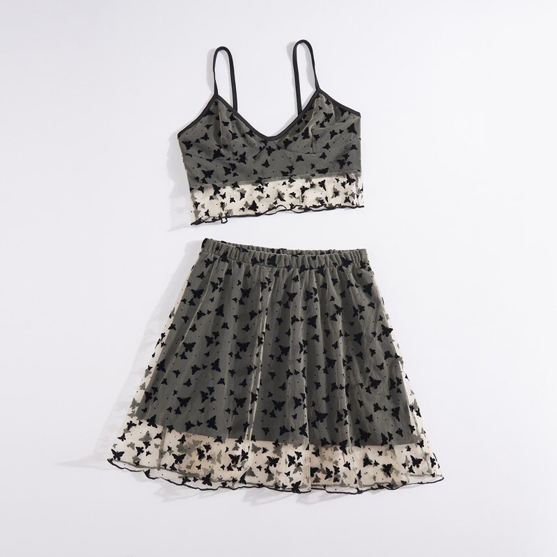 

Floral Print Contrast Mesh Crop Cami & Skirt, Black