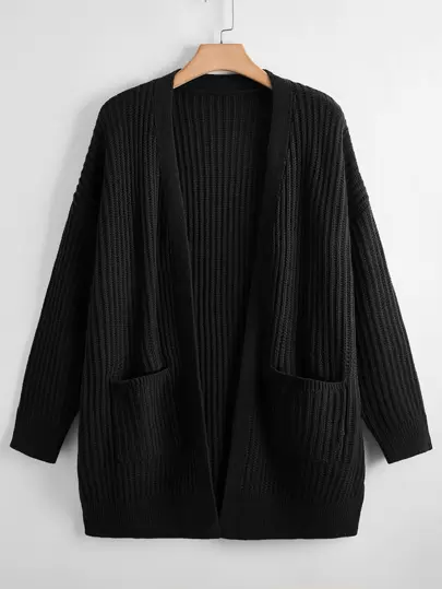 Linhara Plus Size, lös avslappnad ribbstickad långärmad kofta för kvinnor med fickor, svart, mångsidiga vardagskläder, vinter