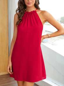 SHEIN Privé Frill Trim Keyhole Back Halter Neck Tunic Dress - Red - View 4