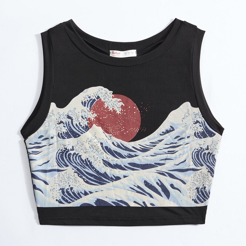 

Wave Graphic Ribbed Tank Top, Black