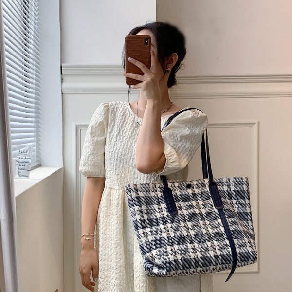 

Tweed Plaid Pattern Shoulder Tote Bag, Blue