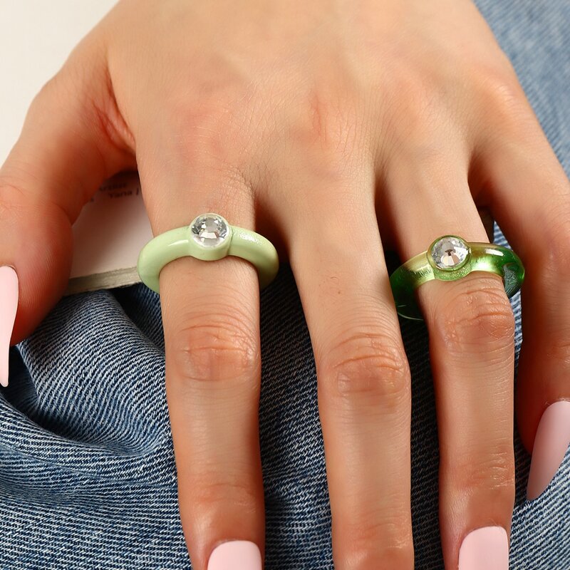 

2pcs Rhinestone Detail Ring, Green