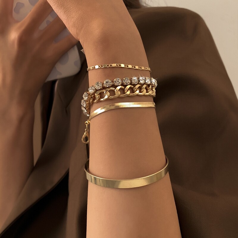 

5pcs Rhinestone Decor Chain Bracelet, Gold