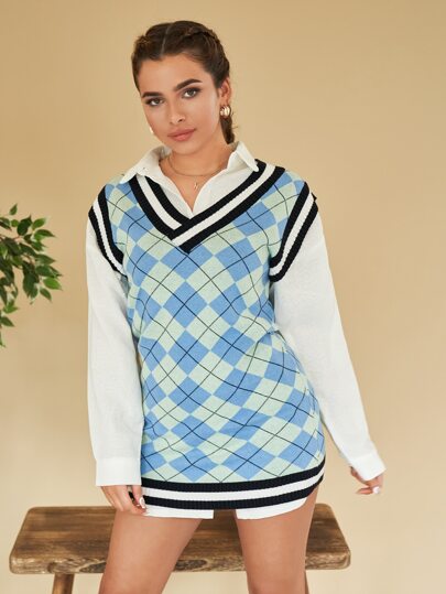 SHEIN Qutie Argyle Pattern Contrast Binding Sweater Dress Without Blouse |  SHEIN