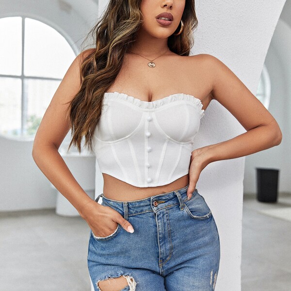 

Solid Frill Trim Tube Top, White