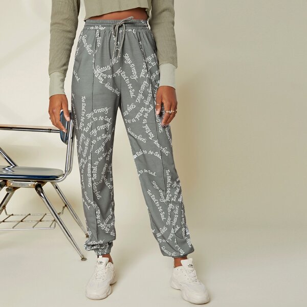 

Letter Graphic Tie Waist Stitch Trim Sweatpants, Grey