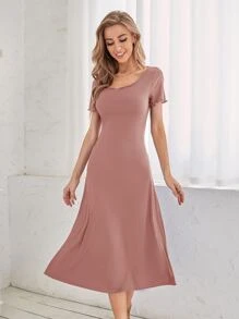 SHEIN LUNE 素色大圓領A字連衣裙 - 藕粉色 - 查看 1