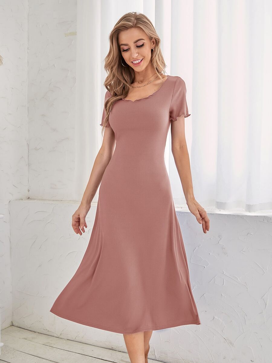 SHEIN LUNE 素色大圓領A字連衣裙 - 藕粉色 - 查看 1