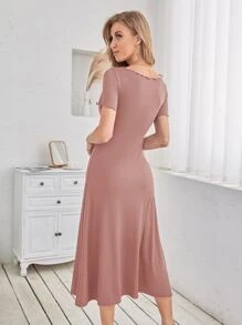 SHEIN LUNE 素色大圓領A字連衣裙 - 藕粉色 - 查看 2