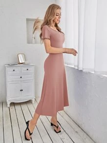 SHEIN LUNE 素色大圓領A字連衣裙 - 藕粉色 - 查看 3