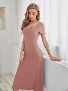 SHEIN LUNE 素色大圓領A字連衣裙 - 藕粉色 - 查看 4