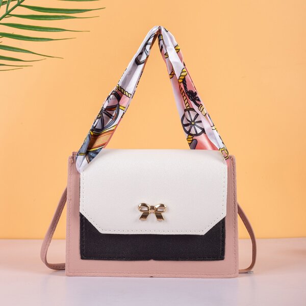 

Twilly Scarf Decor Colorblock Satchel Bag, Pink