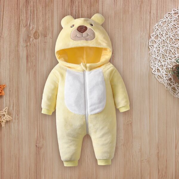

Baby Bear Embroidered 3D Patched Hooded Flannel Jumpsuit, Multicolor
