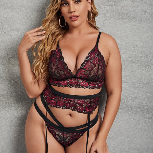 

3pack Plus Floral Lace Garter Teddy Bodysuit, Burgundy