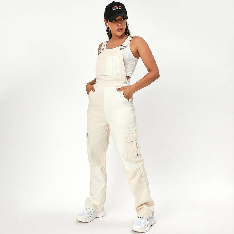 

Wide Leg Utility Denim Overalls, Beige