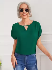 SHEIN LUNE Keyhole Neck Batwing Sleeve Blouse - Dark Green - View 1