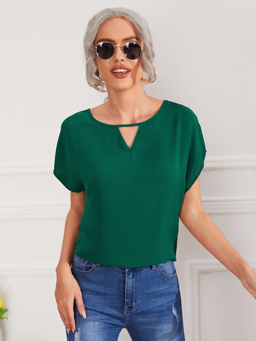 SHEIN LUNE Keyhole Neck Batwing Sleeve Blouse - Dark Green - View 1