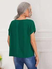 SHEIN LUNE Keyhole Neck Batwing Sleeve Blouse - Dark Green - View 2