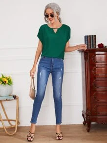 SHEIN LUNE Keyhole Neck Batwing Sleeve Blouse - Dark Green - View 3