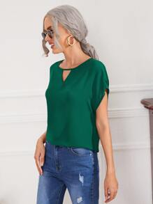 SHEIN LUNE Keyhole Neck Batwing Sleeve Blouse - Dark Green - View 4