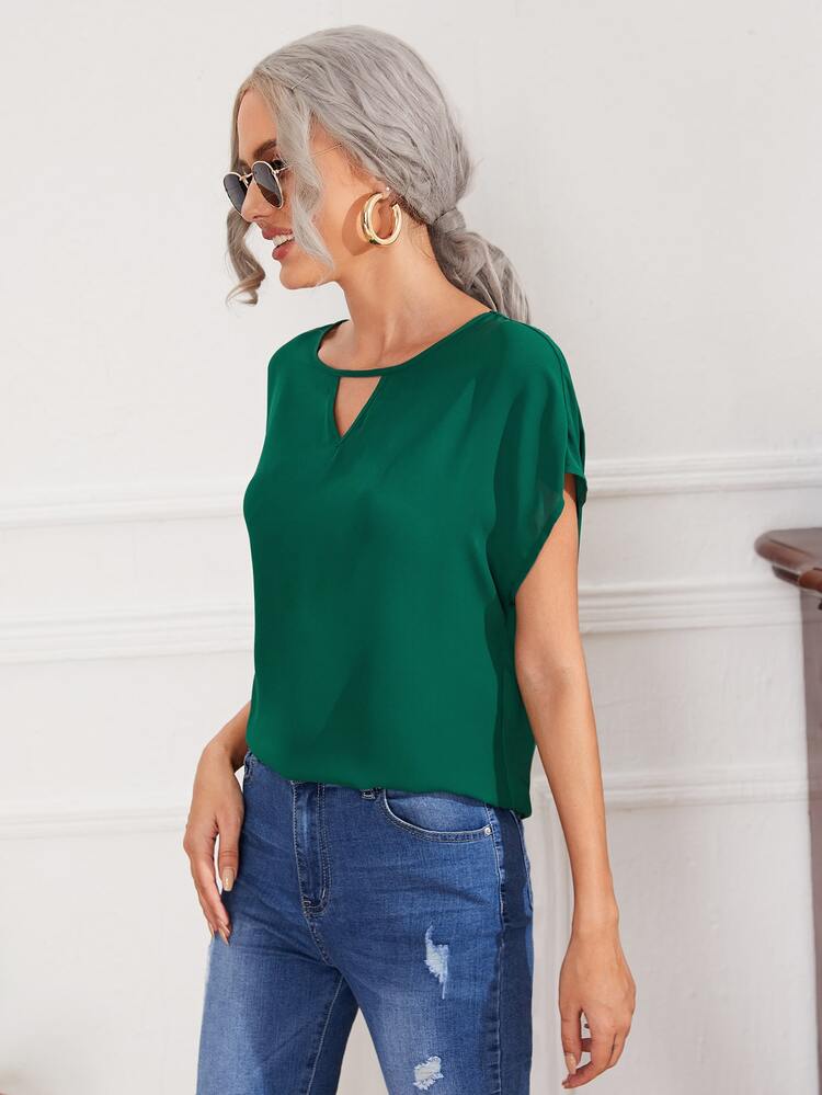 SHEIN LUNE Keyhole Neck Batwing Sleeve Blouse - Dark Green - View 4