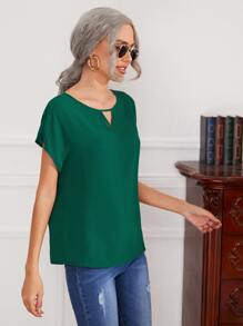 SHEIN LUNE Keyhole Neck Batwing Sleeve Blouse - Dark Green - View 5