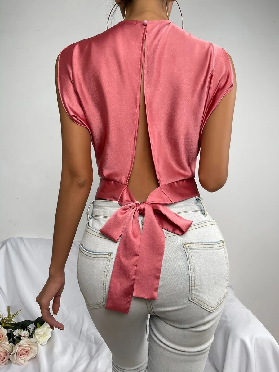 Tie Back Boat Neck Satin Crop Top - Watermelon Pink - View 1