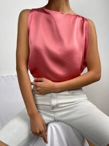 Tie Back Boat Neck Satin Crop Top - Watermelon Pink - View 2