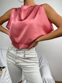 Tie Back Boat Neck Satin Crop Top - Watermelon Pink - View 3