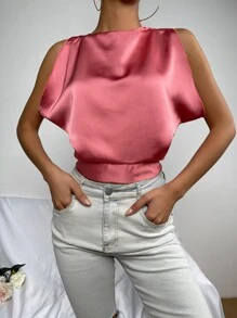 Tie Back Boat Neck Satin Crop Top - Watermelon Pink - View 5