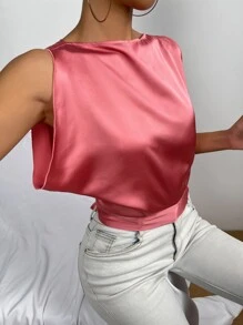 Tie Back Boat Neck Satin Crop Top - Watermelon Pink - View 6