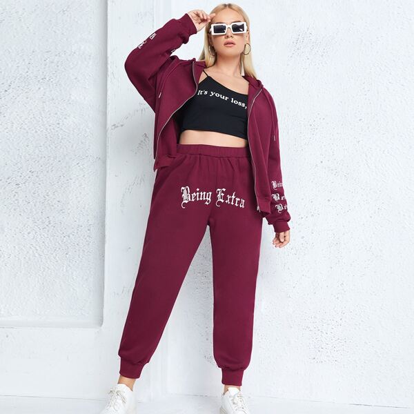 

Plus Letter Graphic Drop Shoulder Drawstring Hoodie & Sweatpants, Burgundy
