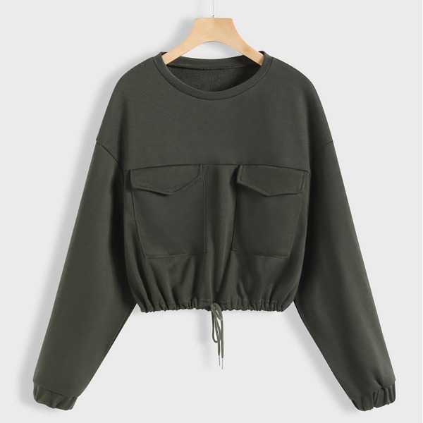 

Drop Shoulder Flap Pocket Drawstring Sweatshirt, Dark green