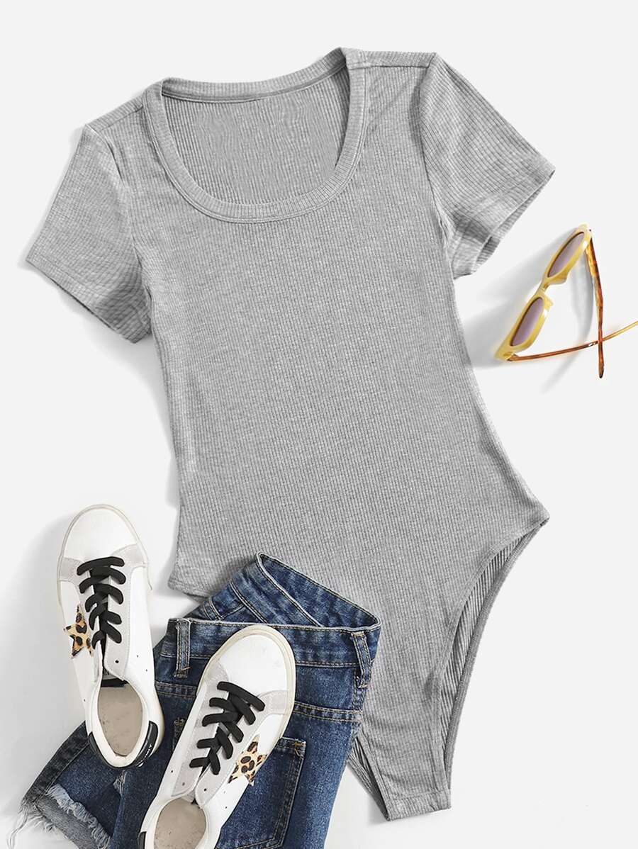 SHEIN EZwear Scoop Neck Rib-knit Bodysuit - Light Grey - View 1