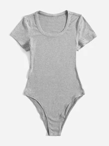SHEIN EZwear Scoop Neck Rib-knit Bodysuit - Light Grey - View 5