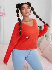 Flirla 大碼星星圖案落肩袖破洞毛衣 - 紅色 - 查看 1
