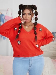 Flirla 大碼星星圖案落肩袖破洞毛衣 - 紅色 - 查看 3