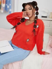 Flirla 大碼星星圖案落肩袖破洞毛衣 - 紅色 - 查看 4