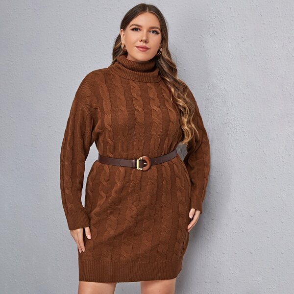 

Plus Solid High Neck Cable Knit Sweater Dress Without Belt, Rust brown