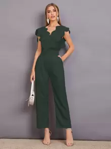Seusyu Contrast Lace Scallop Trim Jumpsuit - Army Green - View 1