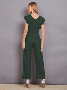 Seusyu Contrast Lace Scallop Trim Jumpsuit - Army Green - View 2