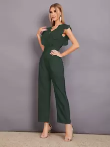 Seusyu Contrast Lace Scallop Trim Jumpsuit - Army Green - View 5