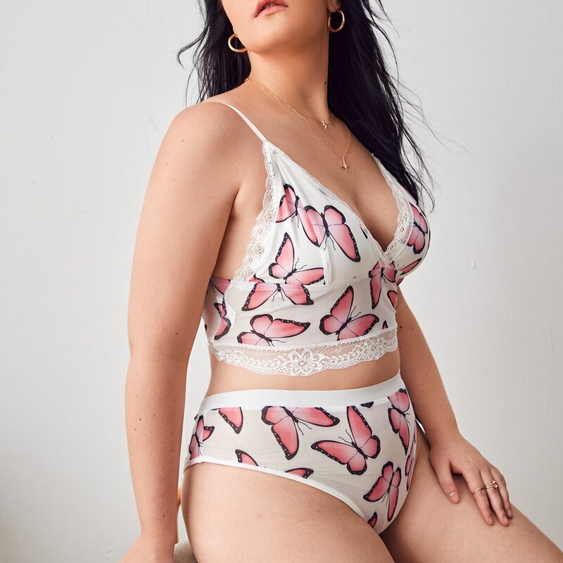 

Plus Butterfly Print Lace Trim Lingerie Set, Multicolor
